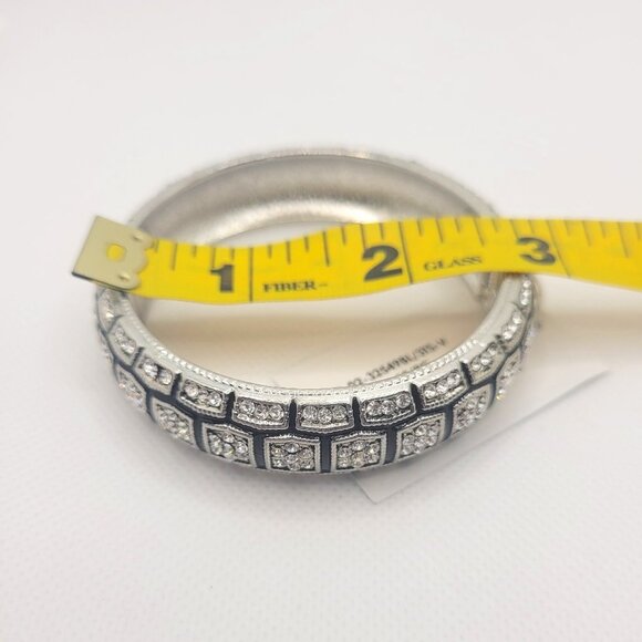 High Polished Silver & Black Color Metal Crystal Studded Bangle Cuff Bracelet - Picture 2 of 3